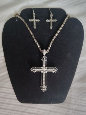 Silver Cross Pendant Necklace and Earring Set - Elegant Religious Jewelry